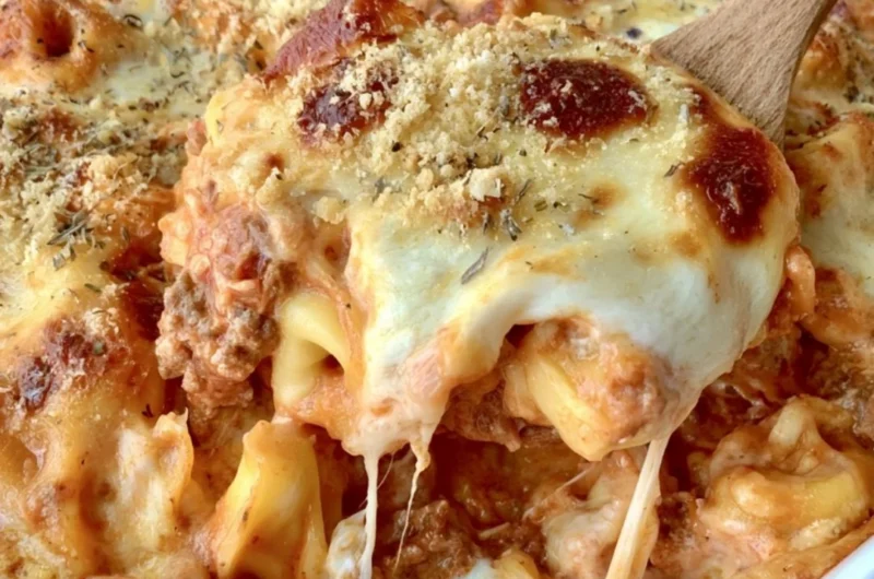 Cheesy baked tortellini casserole with meat sauce in a serving dish