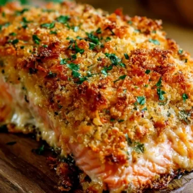 Crispy Parmesan crusted baked salmon on a plate with fresh herbs