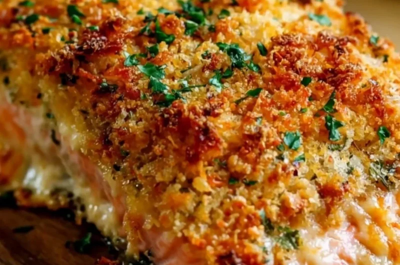Crispy Parmesan crusted baked salmon on a plate with fresh herbs
