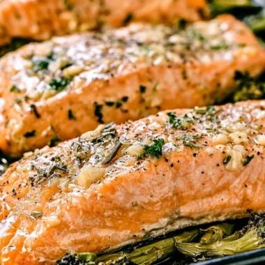 Cozy Garlic Butter Baked Salmon served with herbs and lemon.