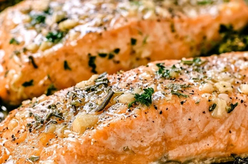 Cozy Garlic Butter Baked Salmon served with herbs and lemon.