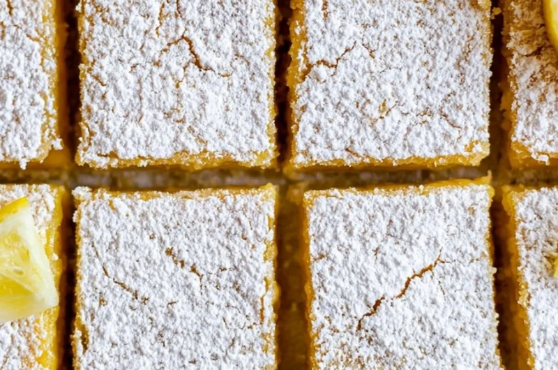 Delicious cozy lemon bars topped with powdered sugar on a white plate
