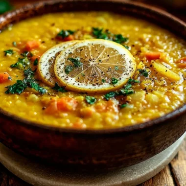 Bowl of cozy lemon lentil soup garnished with fresh herbs