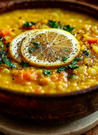 Bowl of cozy lemon lentil soup garnished with fresh herbs