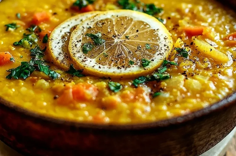Bowl of cozy lemon lentil soup garnished with fresh herbs