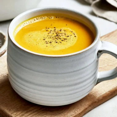 A steaming cup of cozy turmeric golden milk, a healthful and soothing beverage.