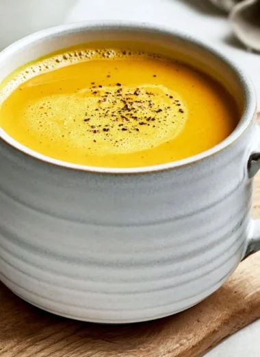 A steaming cup of cozy turmeric golden milk, a healthful and soothing beverage.