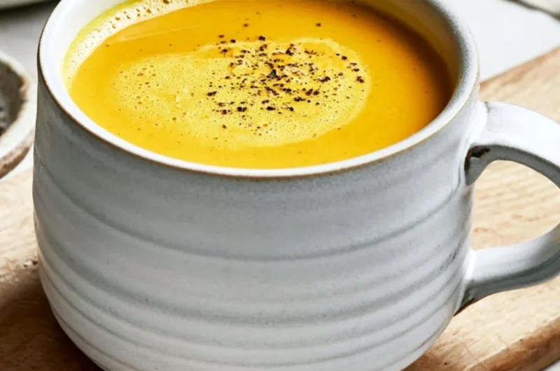 A steaming cup of cozy turmeric golden milk, a healthful and soothing beverage.