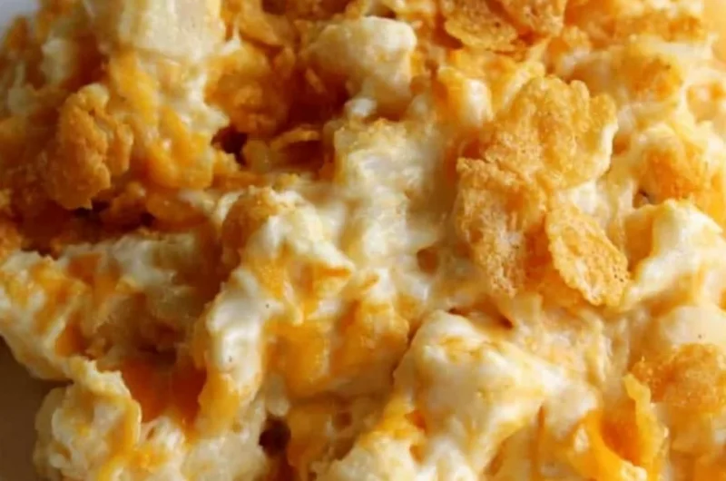 Delicious creamy funeral potatoes with a crispy topping, perfect for gatherings.