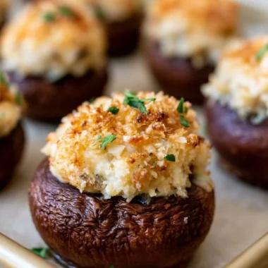Creamy garlic and herb cheese filled roasted mushrooms on a platter