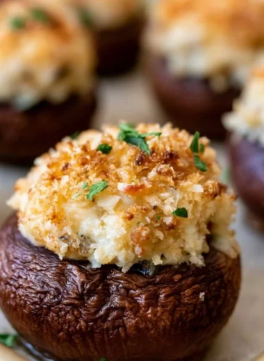 Creamy garlic and herb cheese filled roasted mushrooms on a platter