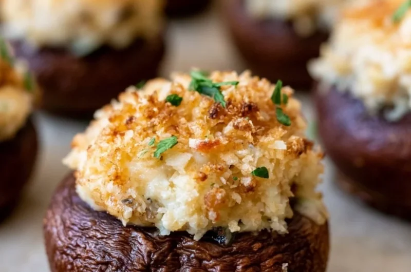 Creamy garlic and herb cheese filled roasted mushrooms on a platter