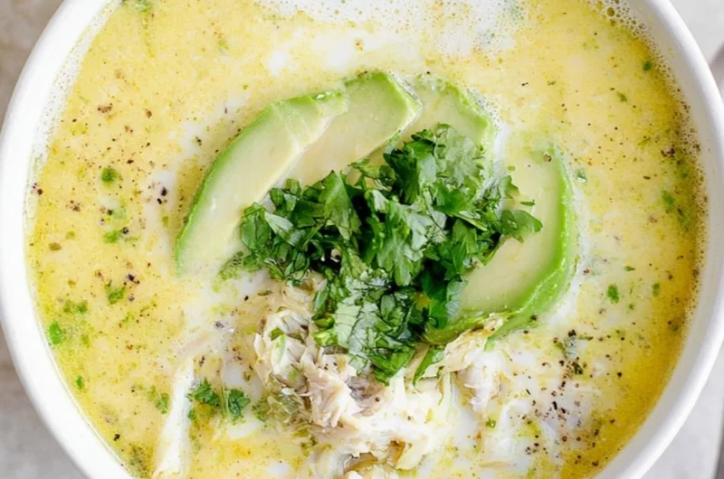 Bowl of creamy white chicken chili garnished with cilantro and lime