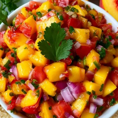 Bowl of fresh homemade peach salsa with colorful diced ingredients