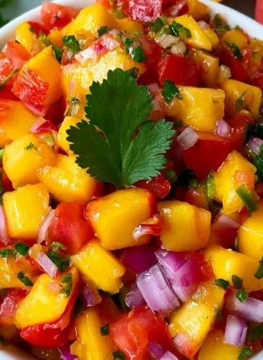 Bowl of fresh homemade peach salsa with colorful diced ingredients