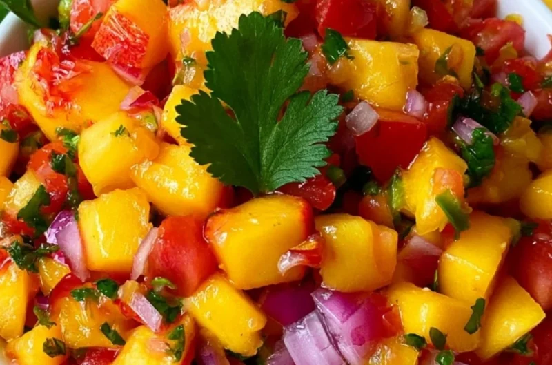 Bowl of fresh homemade peach salsa with colorful diced ingredients