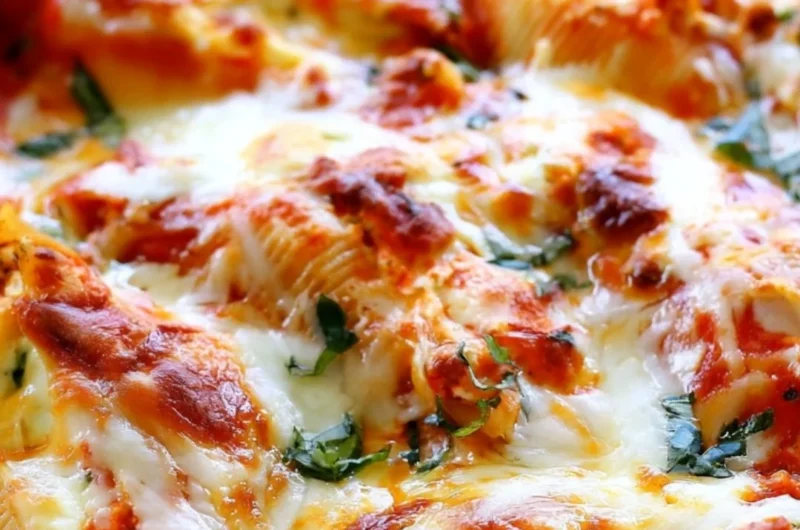 A plate of easy stuffed shells filled with ricotta and topped with marinara sauce