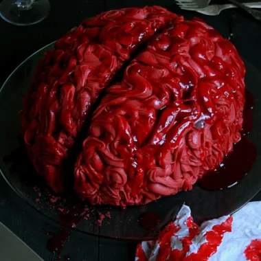 Spooky Halloween Brain Cake decorated for a Halloween party