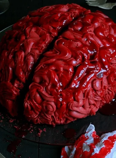 Spooky Halloween Brain Cake decorated for a Halloween party