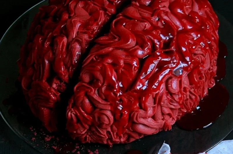 Spooky Halloween Brain Cake decorated for a Halloween party