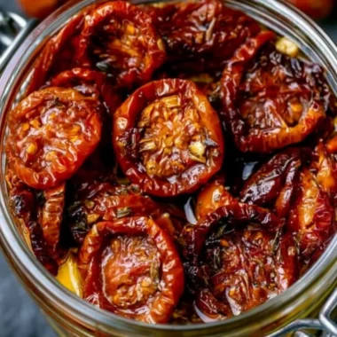 Homemade sun-dried cherry tomatoes in a jar with herbs and spices