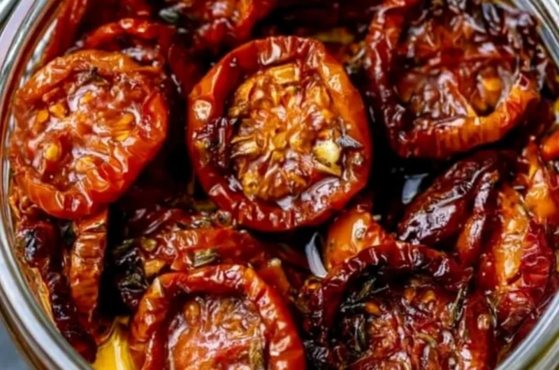 Homemade sun-dried cherry tomatoes in a jar with herbs and spices
