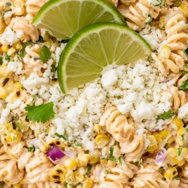 Delicious Mexican street corn pasta salad served in a bowl with fresh ingredients