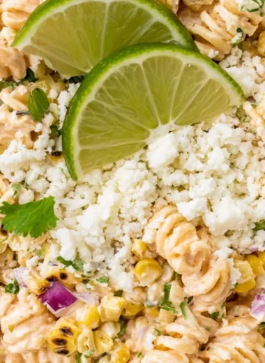 Delicious Mexican street corn pasta salad served in a bowl with fresh ingredients