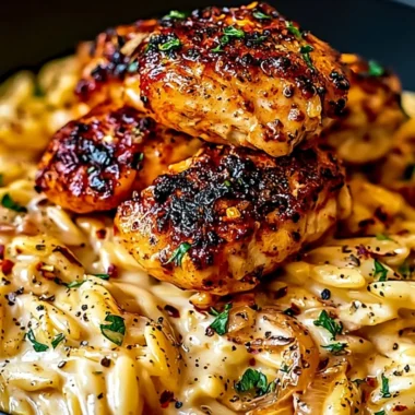 One-Pot Cajun Chicken Alfredo Orzo served in a bowl with herbs and spices