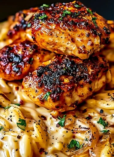 One-Pot Cajun Chicken Alfredo Orzo served in a bowl with herbs and spices