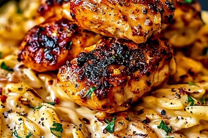 One-Pot Cajun Chicken Alfredo Orzo served in a bowl with herbs and spices
