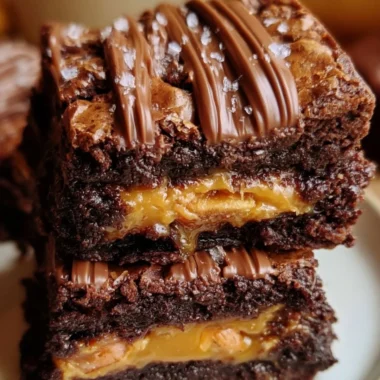 Delicious Snickers brownies topped with caramel and peanuts