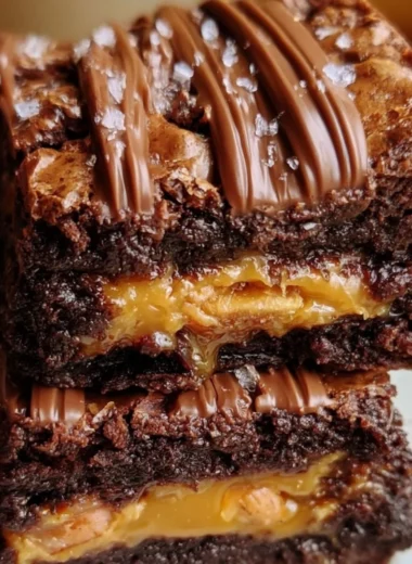 Delicious Snickers brownies topped with caramel and peanuts