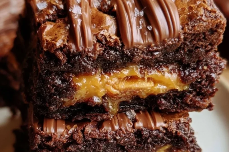 Delicious Snickers brownies topped with caramel and peanuts