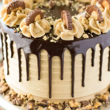 Peanut Butter Chocolate Layer Cake with rich frosting and layers of chocolate