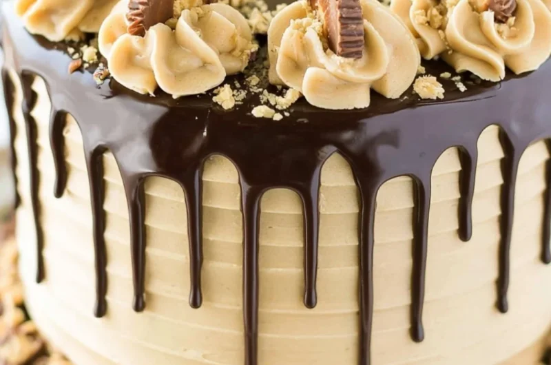 Peanut Butter Chocolate Layer Cake with rich frosting and layers of chocolate