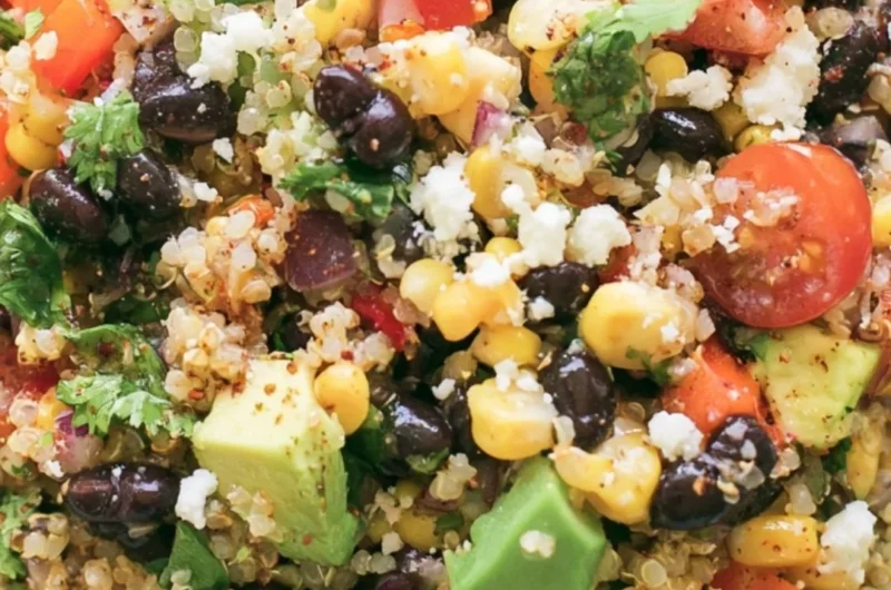 Delicious quinoa black bean salad with fresh vegetables and dressing
