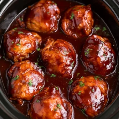 Slow Cooker BBQ Chicken Thighs served with garnish