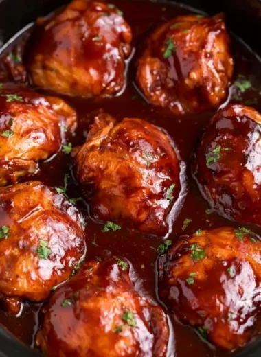 Slow Cooker BBQ Chicken Thighs served with garnish
