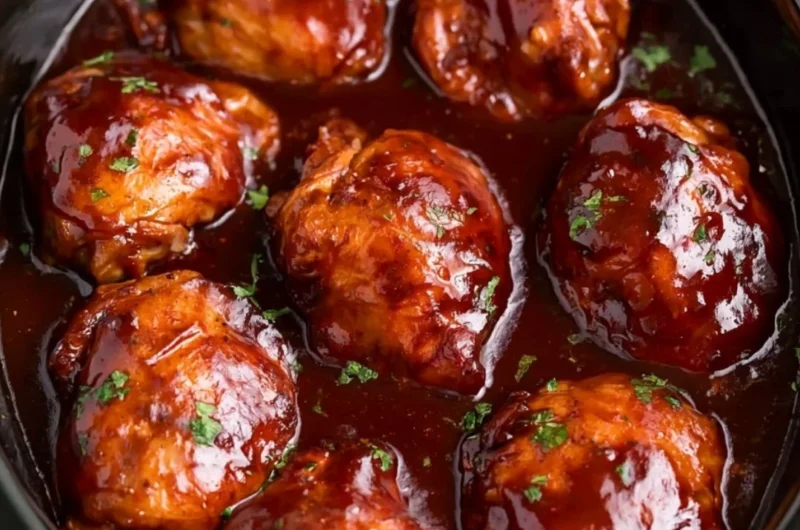 Slow Cooker BBQ Chicken Thighs served with garnish