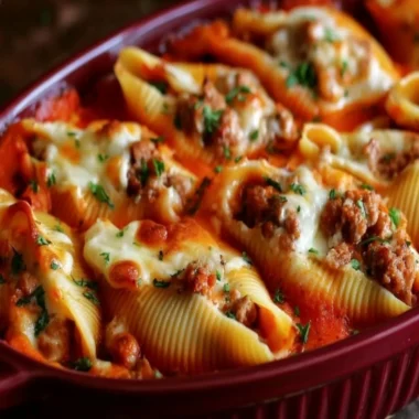 Delicious stuffed shells filled with ground beef and cheese, ready to serve.