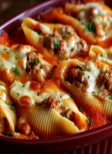 Delicious stuffed shells filled with ground beef and cheese, ready to serve.