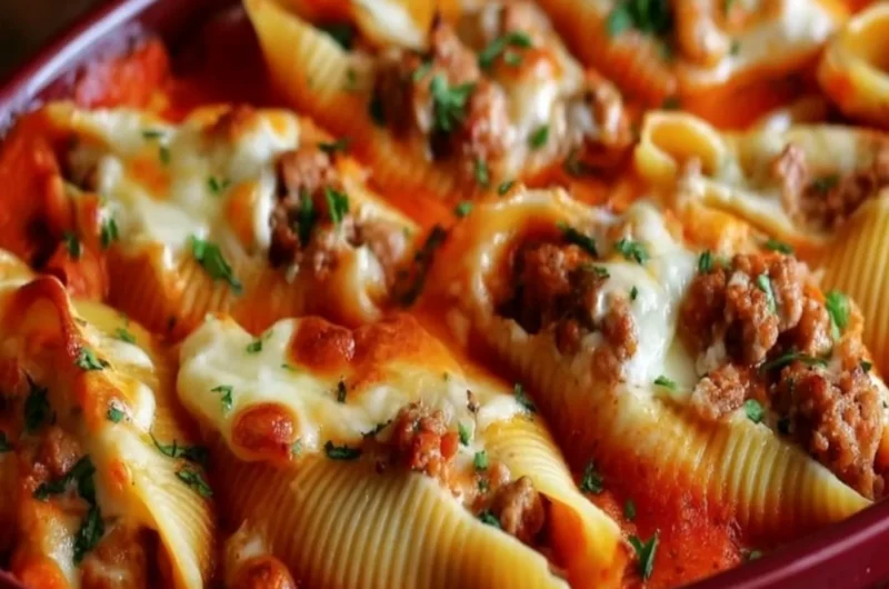 Delicious stuffed shells filled with ground beef and cheese, ready to serve.